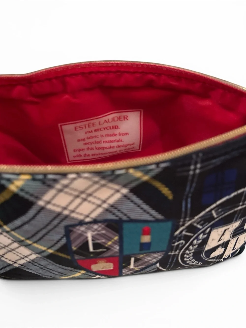 Estee Lauder Navy, Cream and Gold Plaid Cosmetic Pouch with Crest